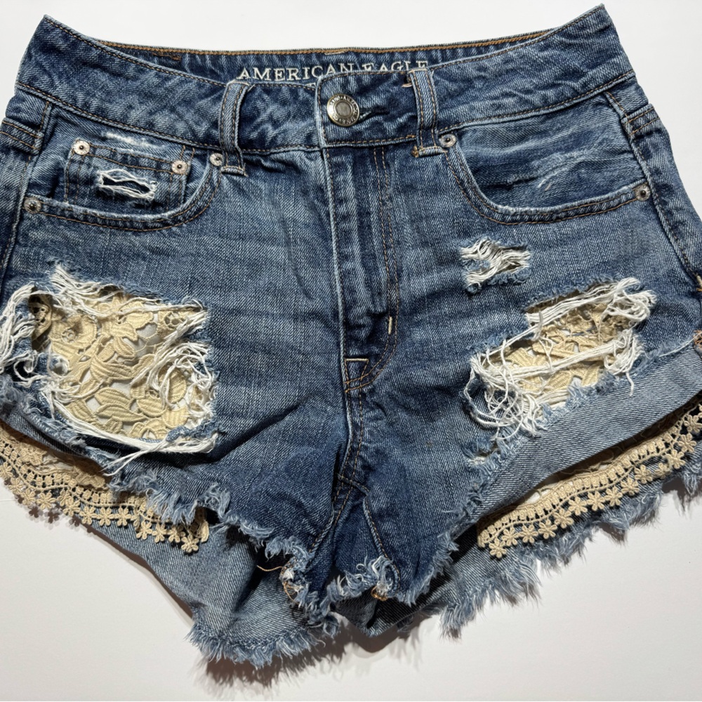 American Eagle Distressed Denim Shorts w/ Lace Insert Boho Festival